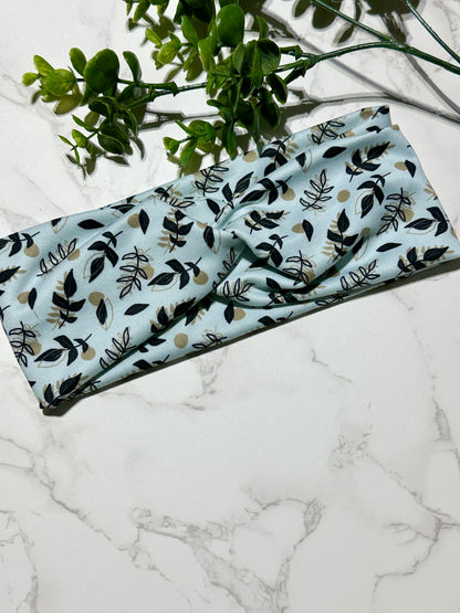 Boho Leaves on Blue Twist Headband