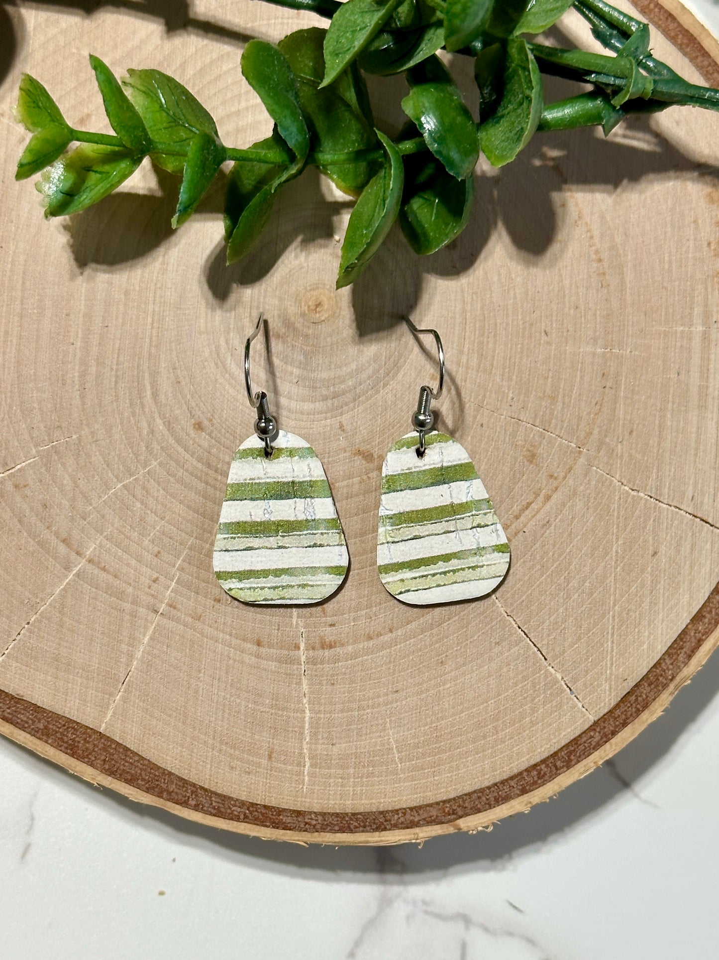 Mini Rounded Triangle Earrings - Distressed Green Stripes