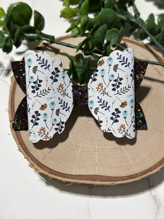 Blue Fall Leaves on Brown Glitter Hairbow