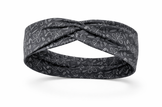 White Doodle Flowers on Dark Gray Twist Headband