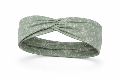 White Doodle Flowers on Sage Twist Headband
