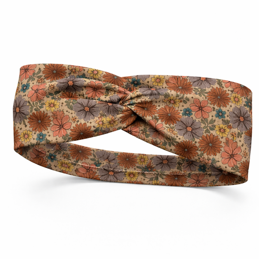 Colorful Flowers on Dark Taupe Twist Headband