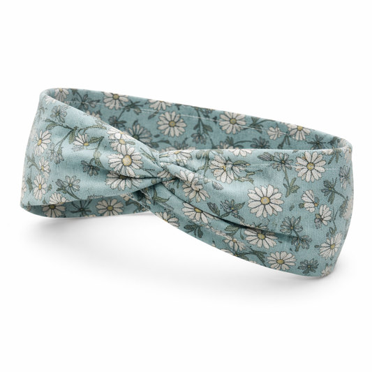 Daisies on Dark Green Mint Twist Headband