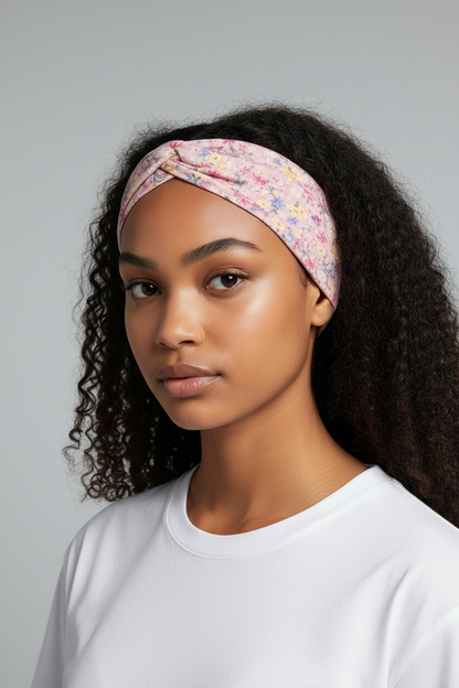 Pink Floral Ribbed Twist Headband