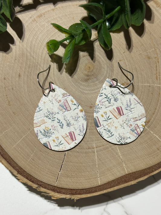 Small Teardrop Earrings - books and flowers