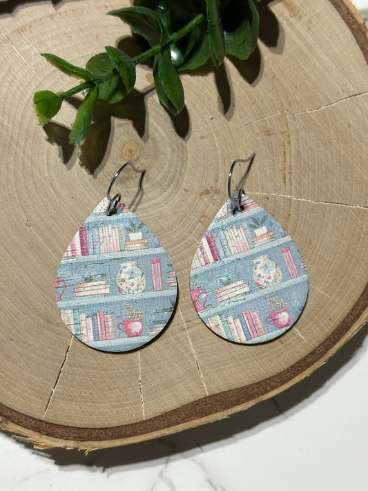 Small Teardrop Earrings - books on blue shelves