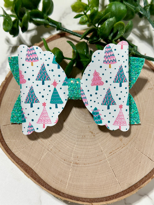 Pastel Trees on Green Glitter Hair Bow