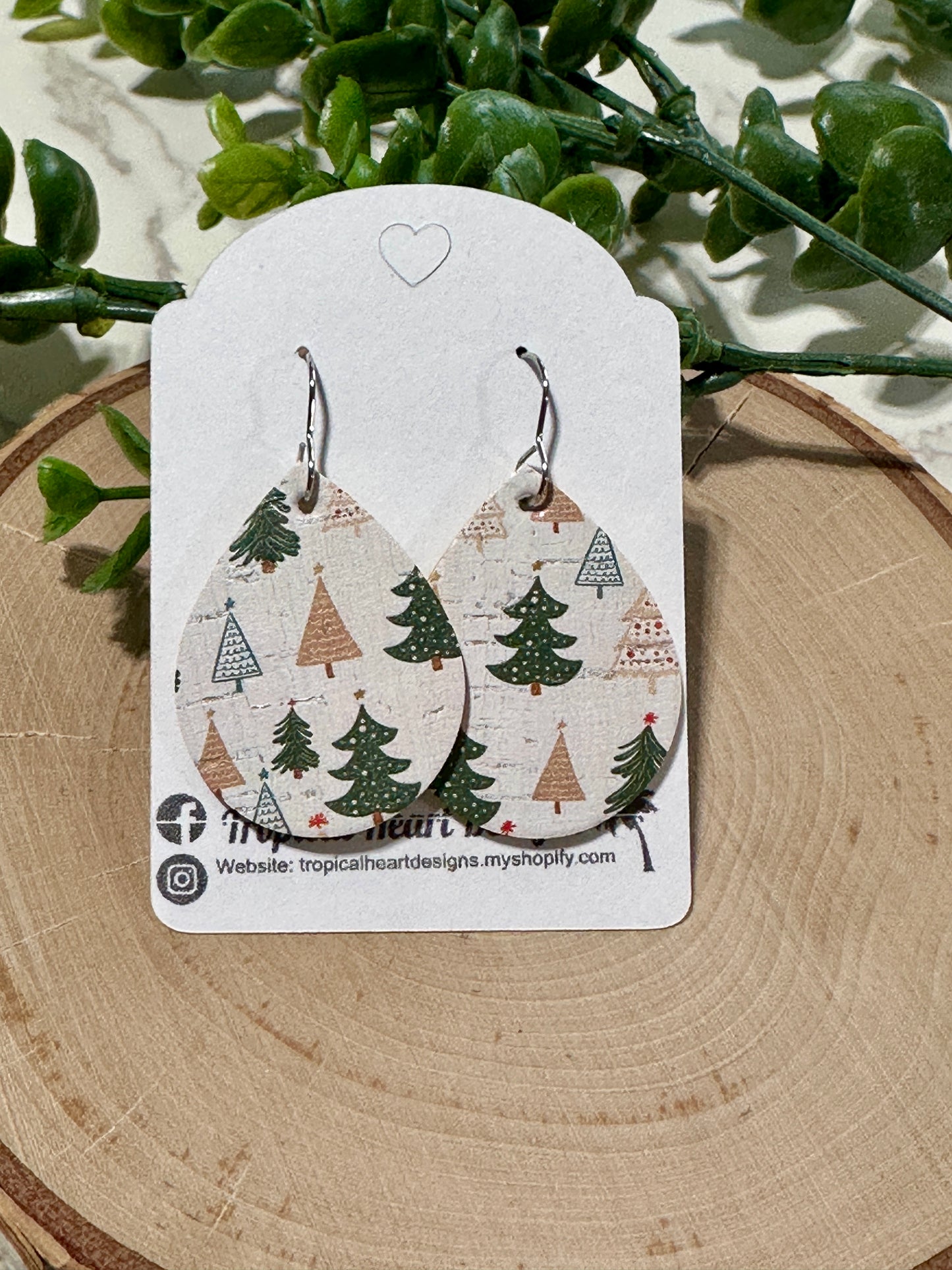 Small Teardrop Earrings - Green/Neutral Trees