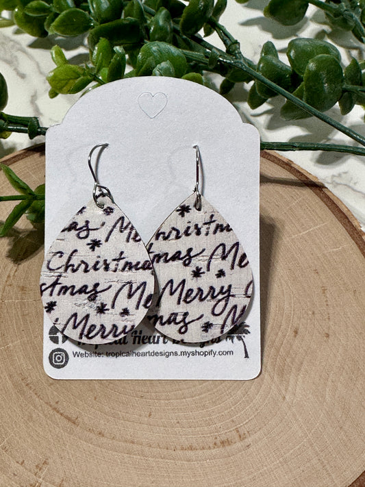 Small Teardrop Earrings - Black/White Merry Christmas