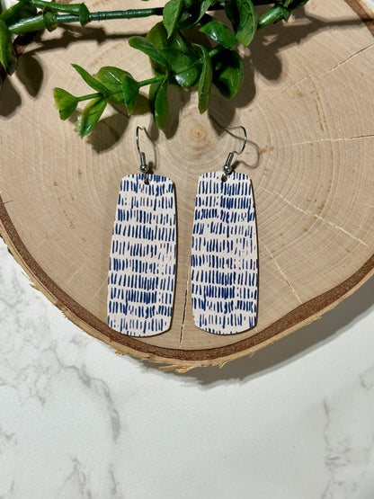 Bar Earrings - Blue Dashes on White