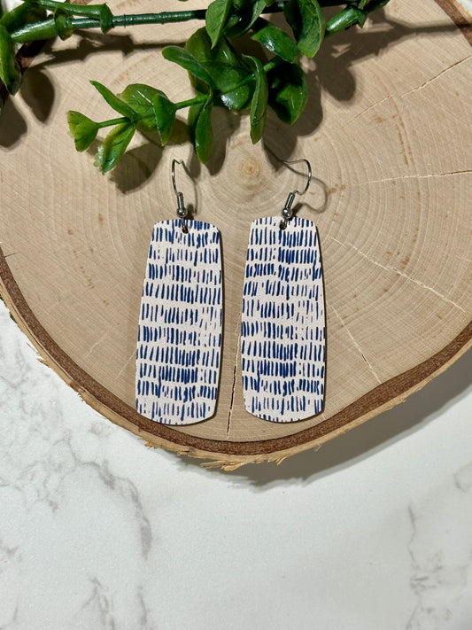Bar Earrings - Blue Dashes on White