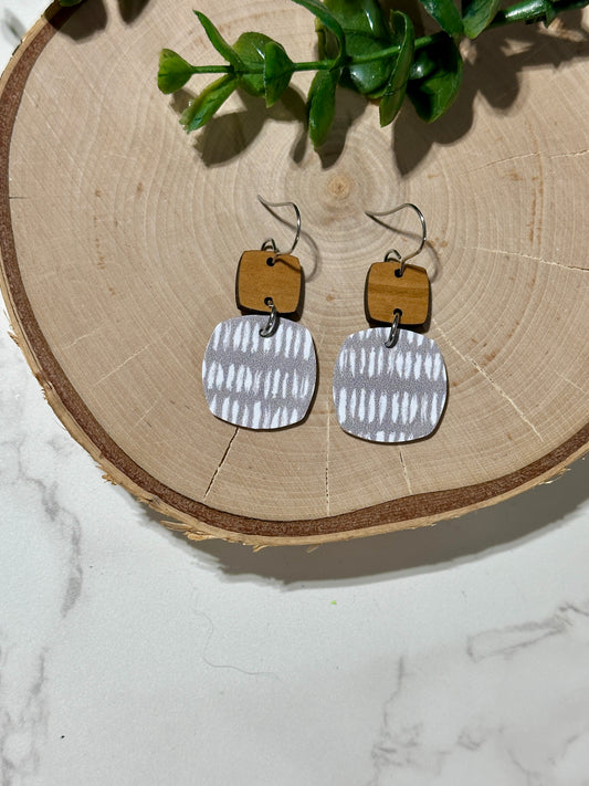 Mini Rounded Squares/Connector Earrings - White Dashes on Gray