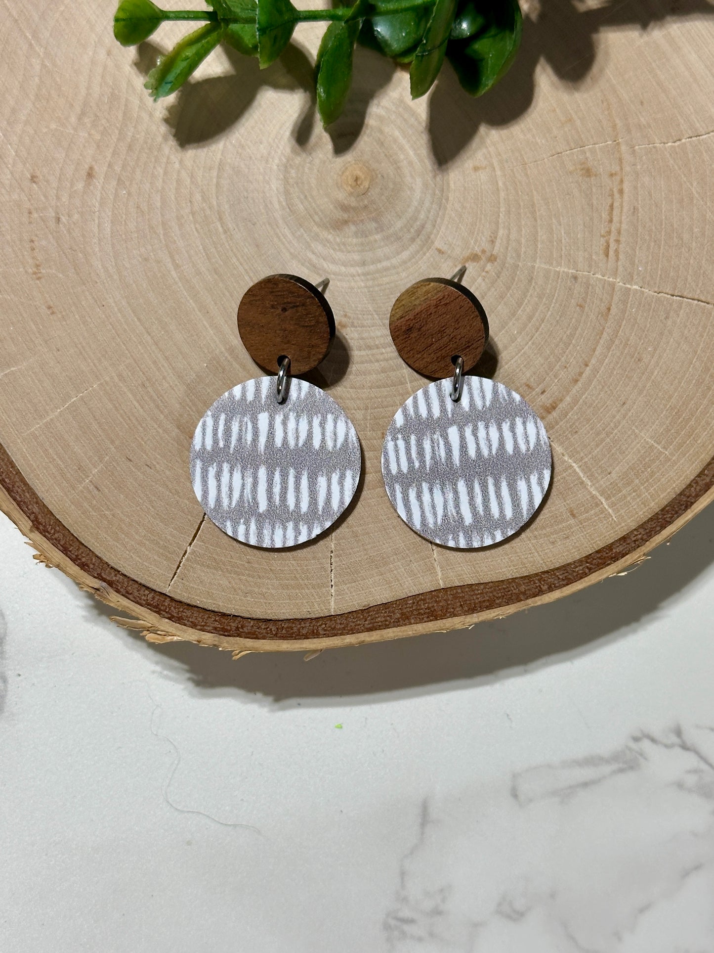 Small Circle/Connector Earrings - White Dashes on Gray