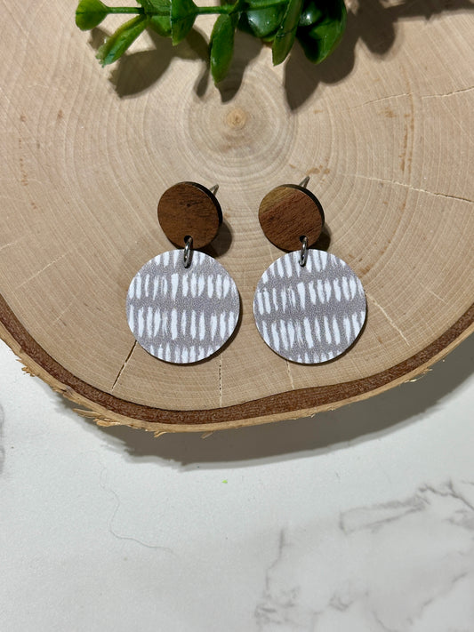 Small Circle/Connector Earrings - White Dashes on Gray