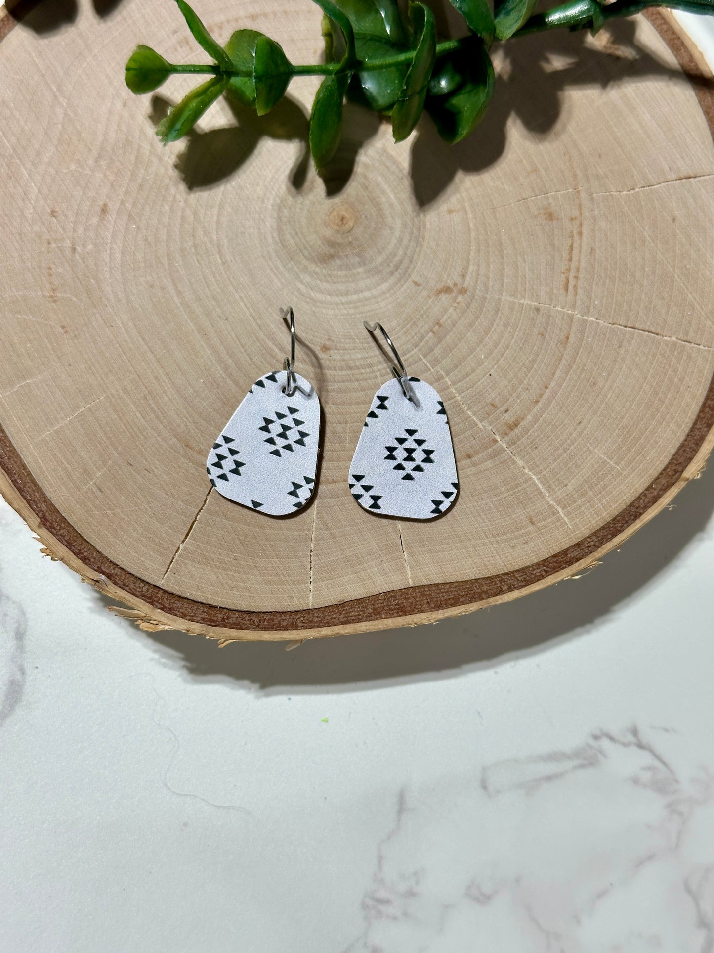 Mini Rounded Triangle Earrings - Black Aztec on White