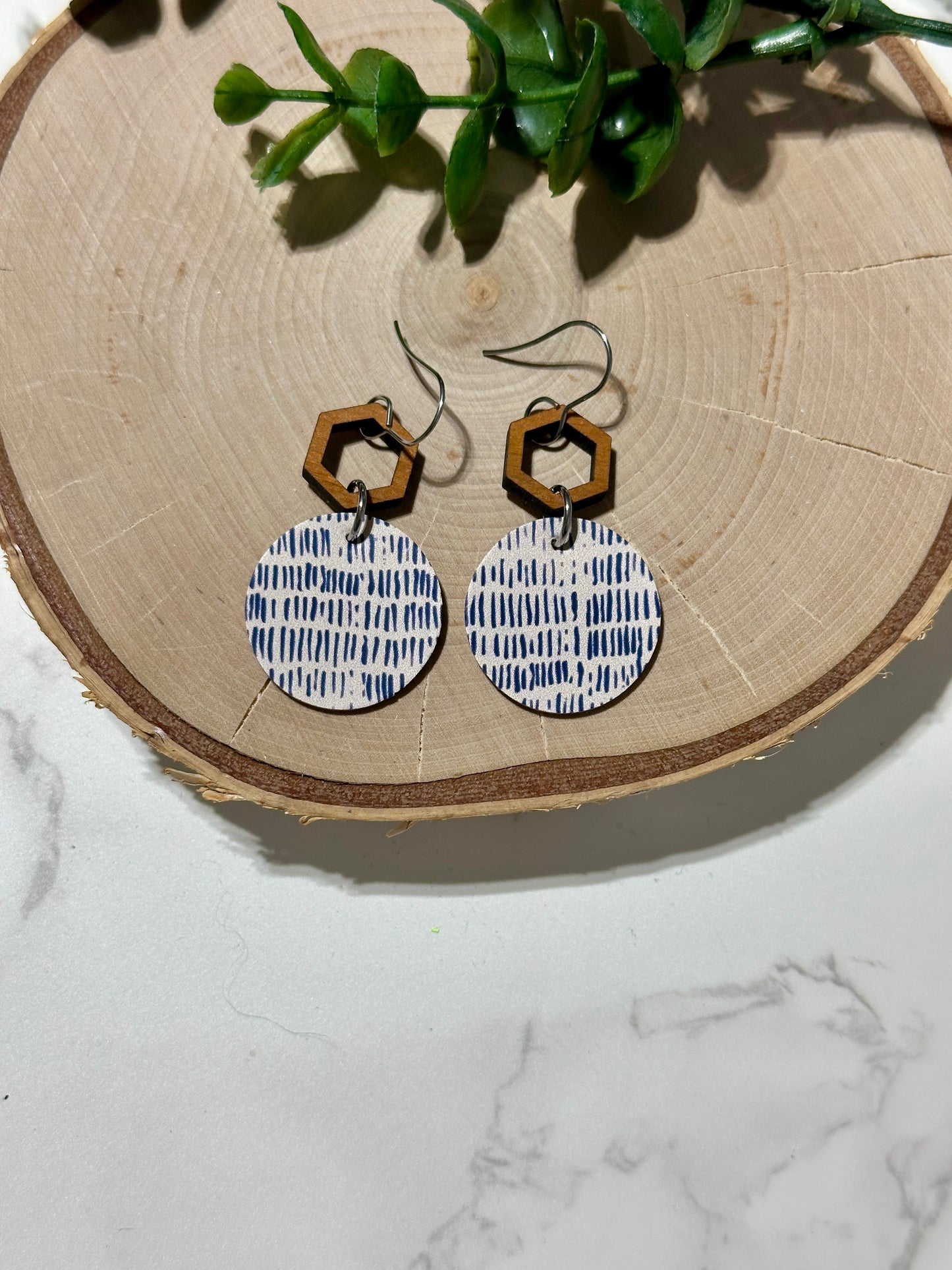 Small Circle/Connector Earrings - Blue Dashes on White