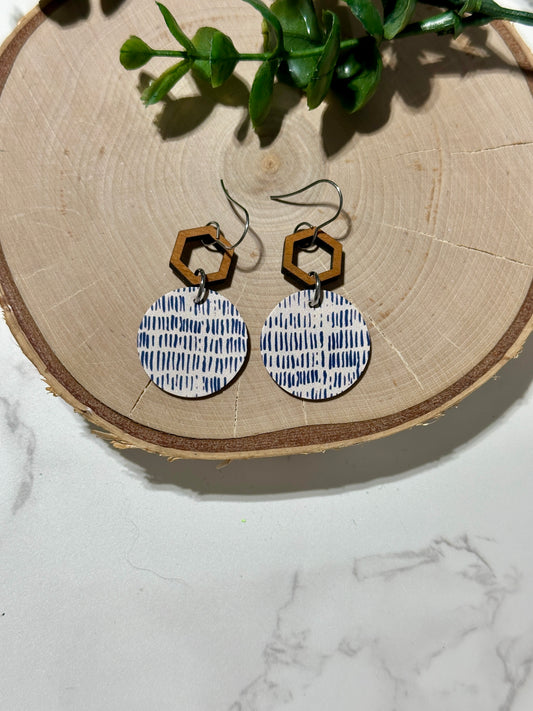 Small Circle/Connector Earrings - Blue Dashes on White