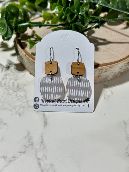 Mini Rounded Squares/Connector Earrings - White Dashes on Gray
