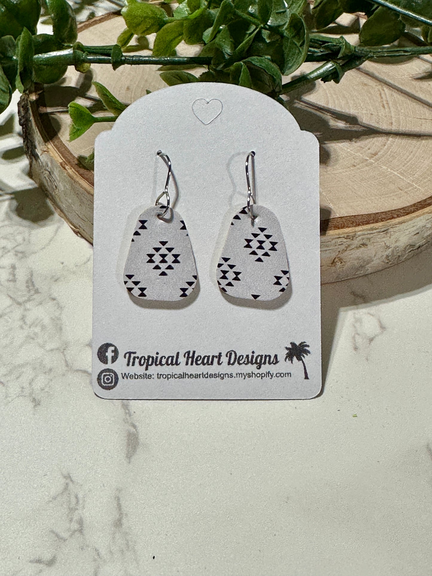 Mini Rounded Triangle Earrings - Black Aztec on White