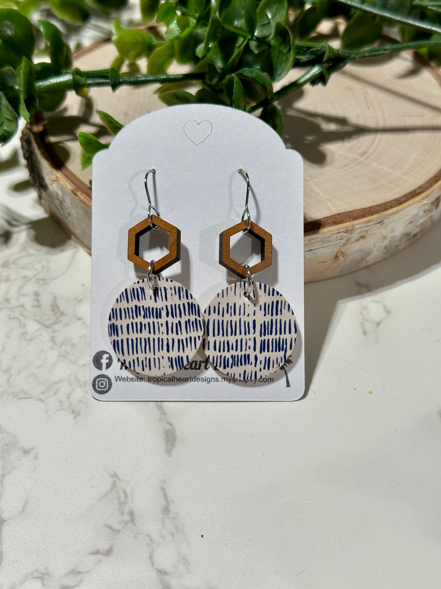 Small Circle/Connector Earrings - Blue Dashes on White