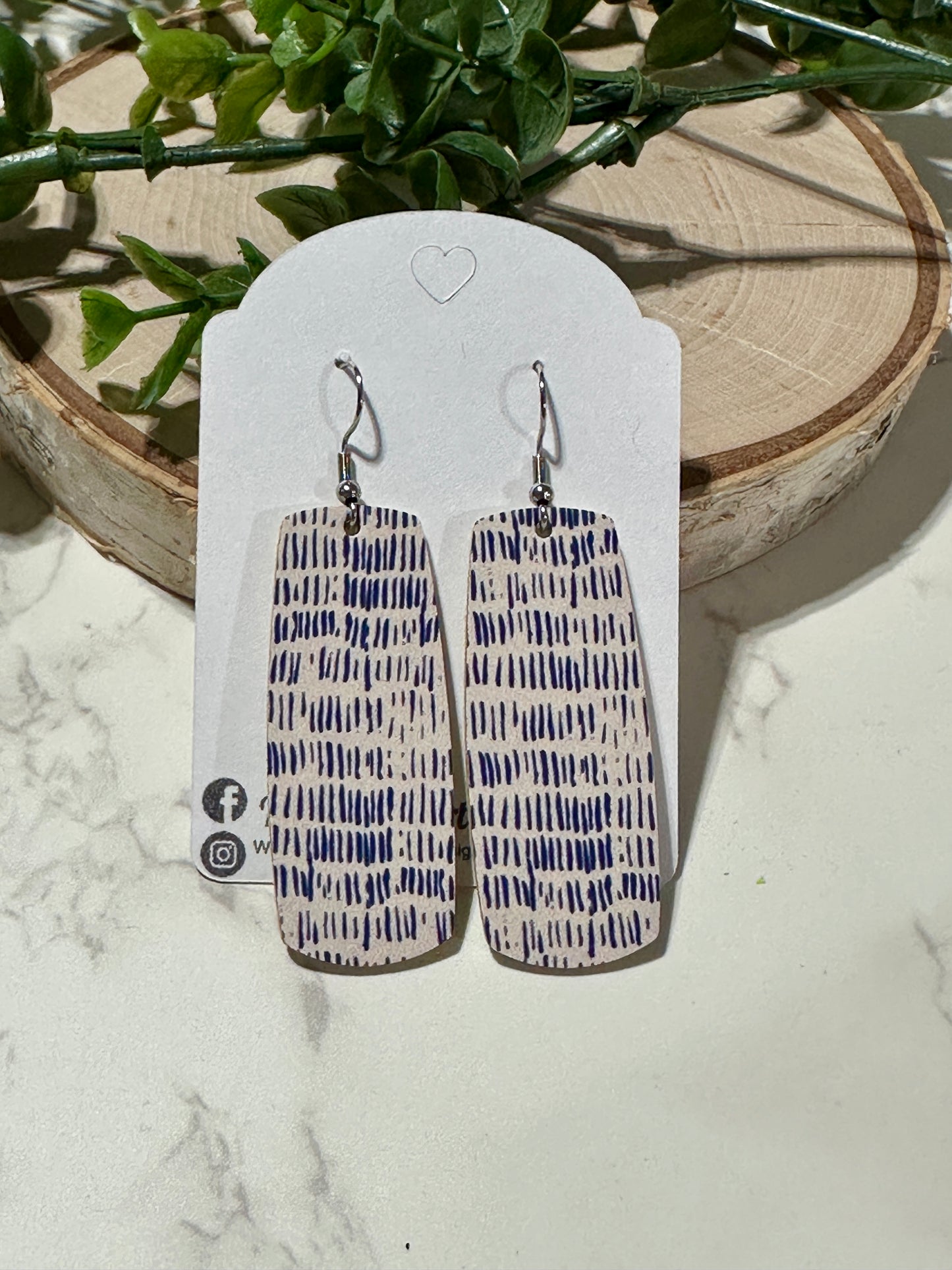 Bar Earrings - Blue Dashes on White