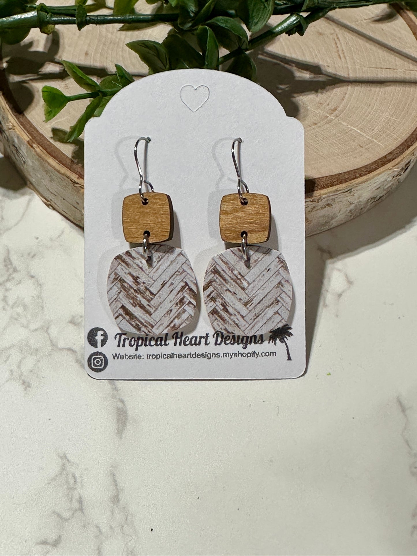 Mini Rounded Squares/Connector Earrings - Weathered Wood