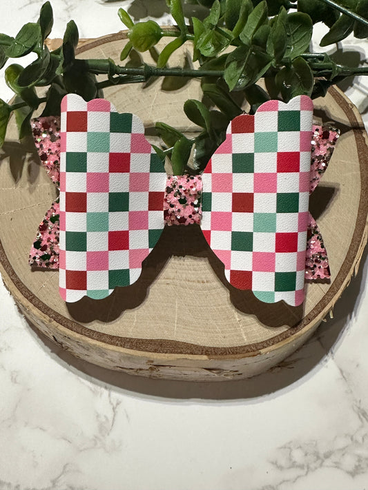 Pink/Green Christmas Checkered Hairbow