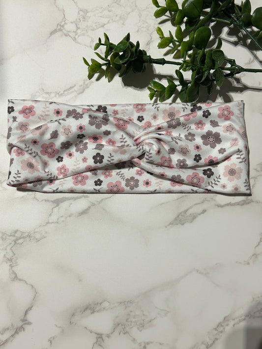 Purple/pink flowers on white twist headband