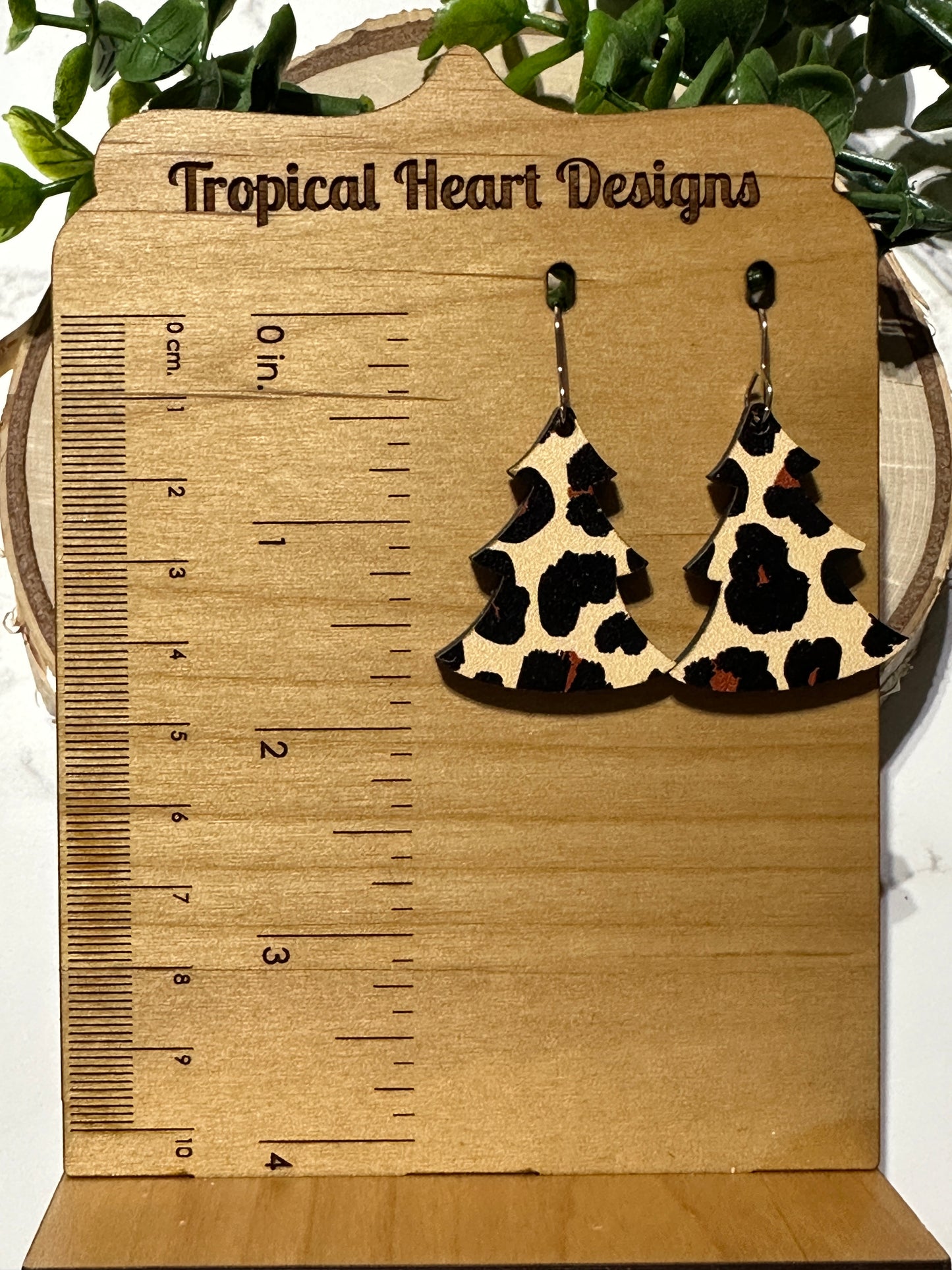 Leopard/Cheetah Wooden Christmas Tree Earrings