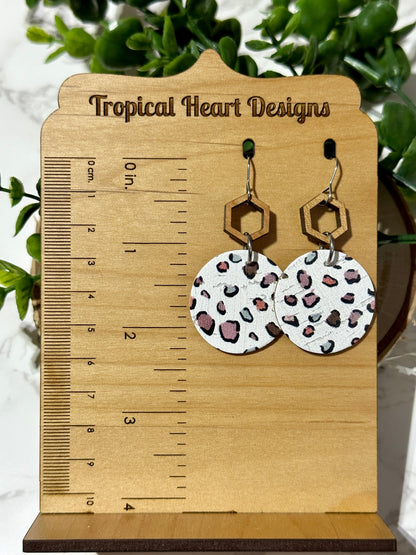 Boho Leopard Circle/Wooden Hexagon Earrings