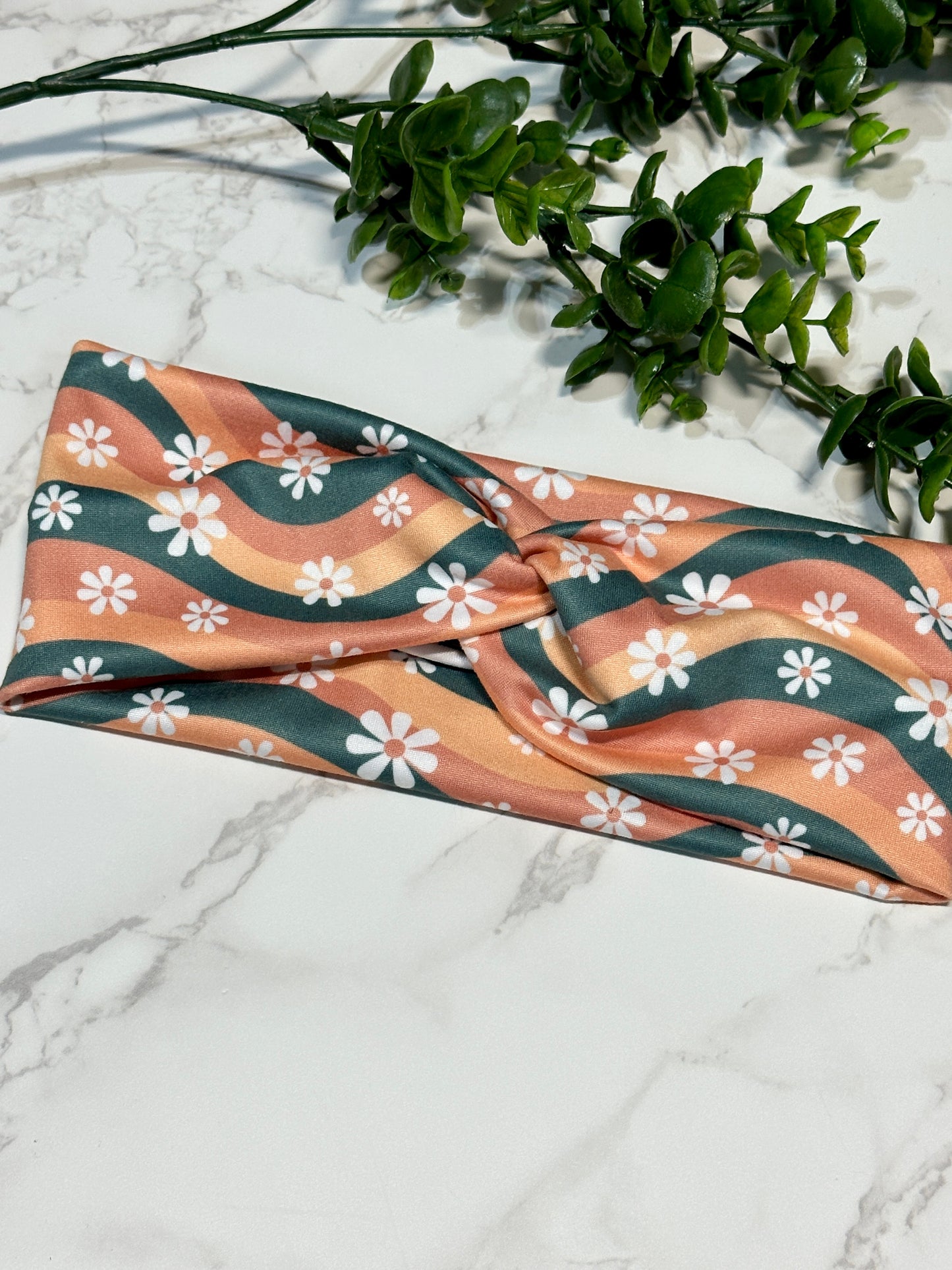 Wavy Green/Orange Stripes Flowers Twist Headband