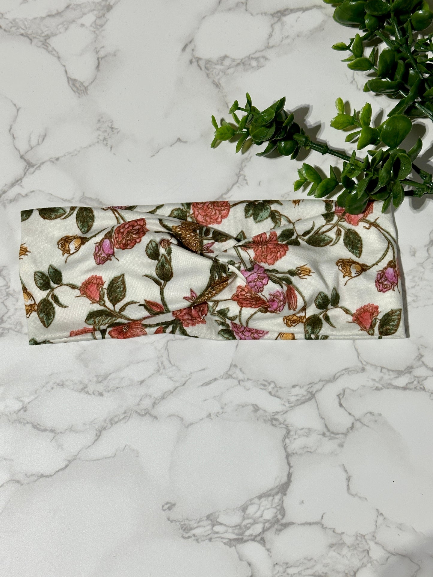 Vintage Flowers on Ivory Twist Headband