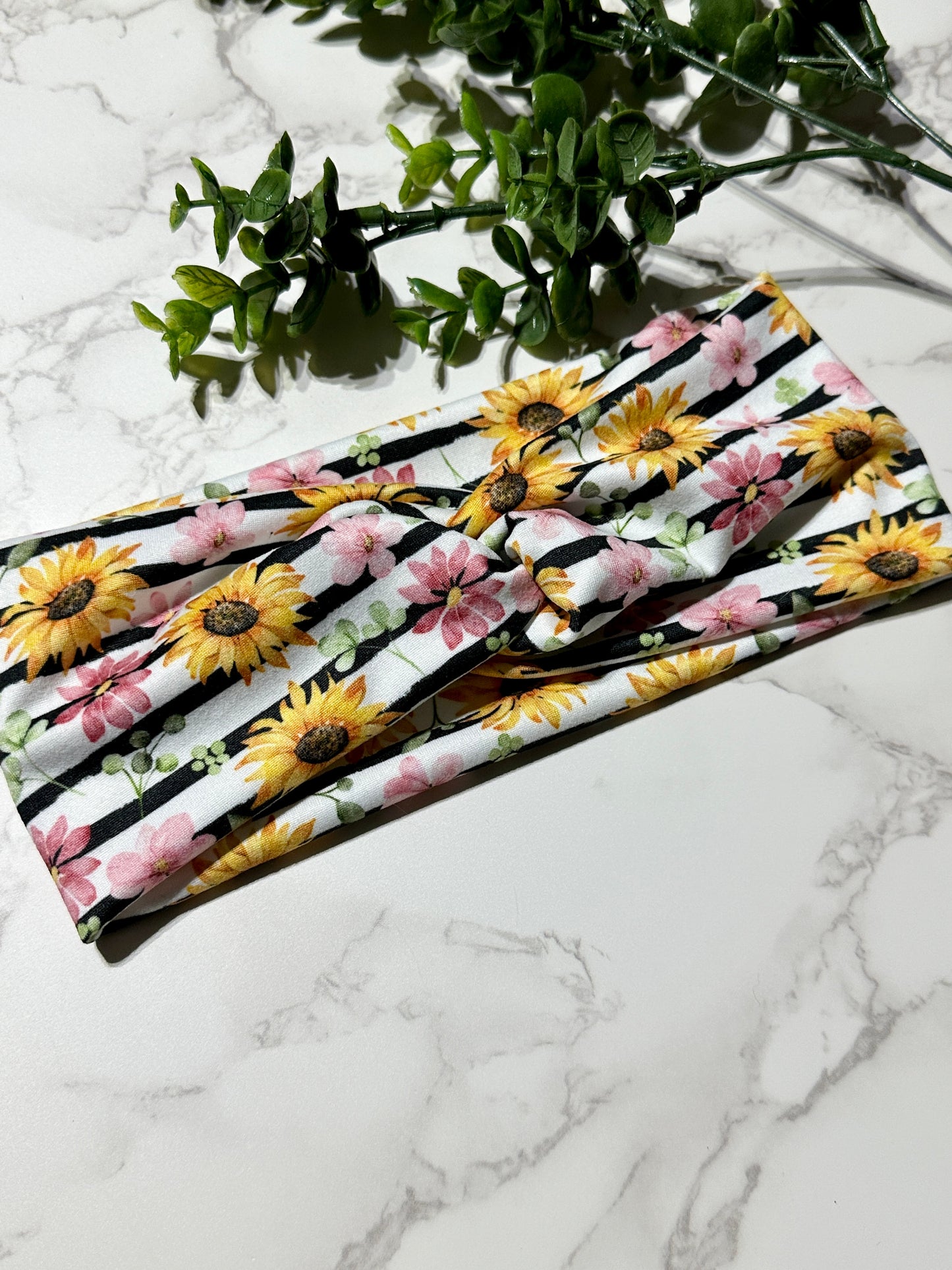 Black/White Striped Sunflower Twist Headband