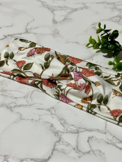 Vintage Flowers on Ivory Twist Headband