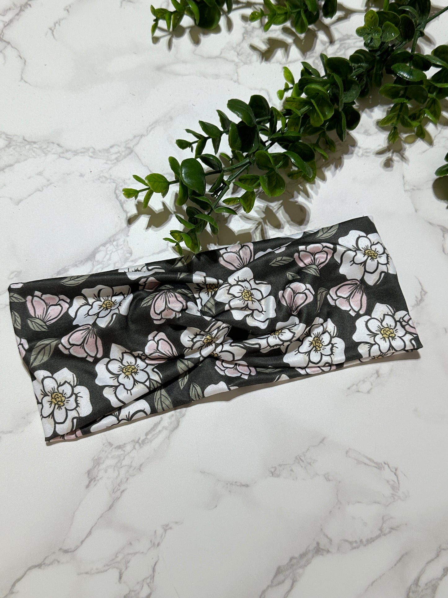 White/Pink Flowers on Dark Background Twist Headband