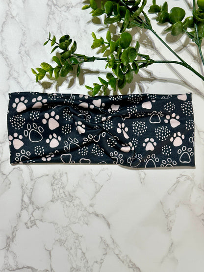 Paw prints on black twist headband