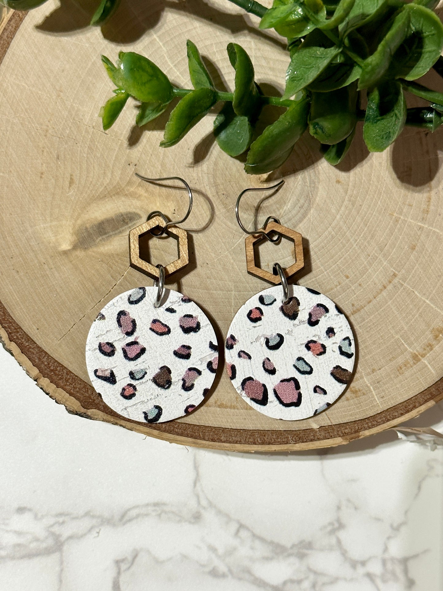 Boho Leopard Circle/Wooden Hexagon Earrings