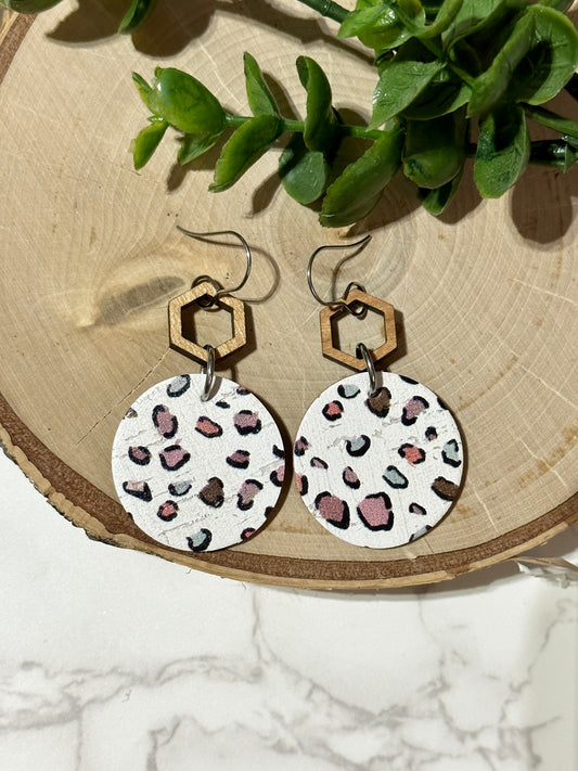 Boho Leopard Circle/Wooden Hexagon Earrings