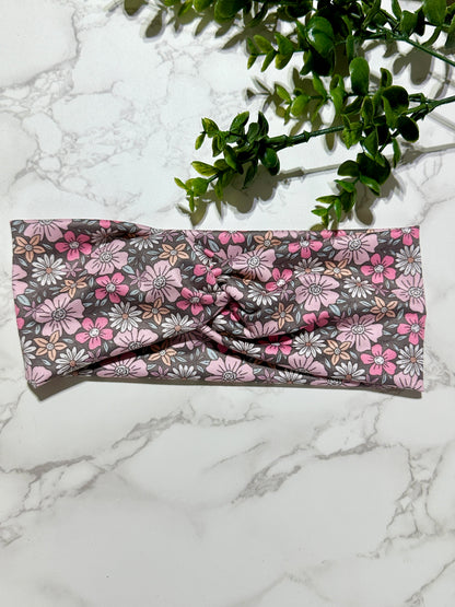 Pink Flowers on Grey Twist Headband