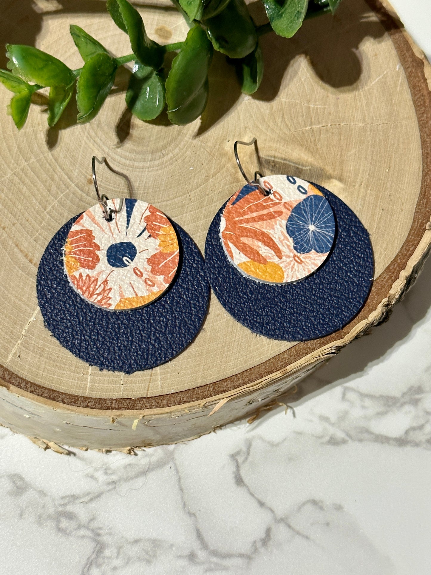 Orange/Navy Flowers on Navy Double Circle Earrings